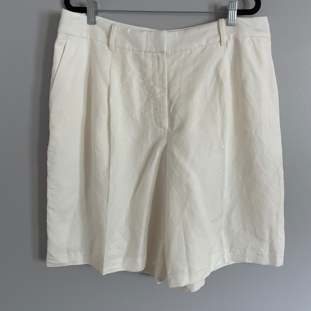 Loft Linen Blend Pleated Shorts Womens 12 Cream Off White High Rise Coastal